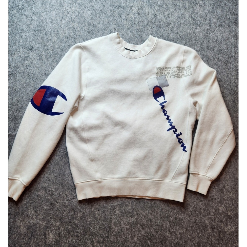 Champion White Crewneck Sweatshirt Men's Medium‎ Logo Graphic Spell Out Back